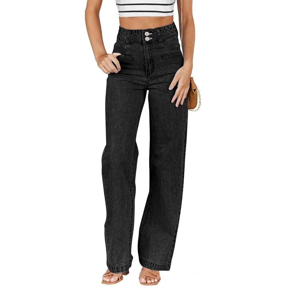 Women's Black High Waisted Straight Leg Stretchy Trendy Loose Denim Pants